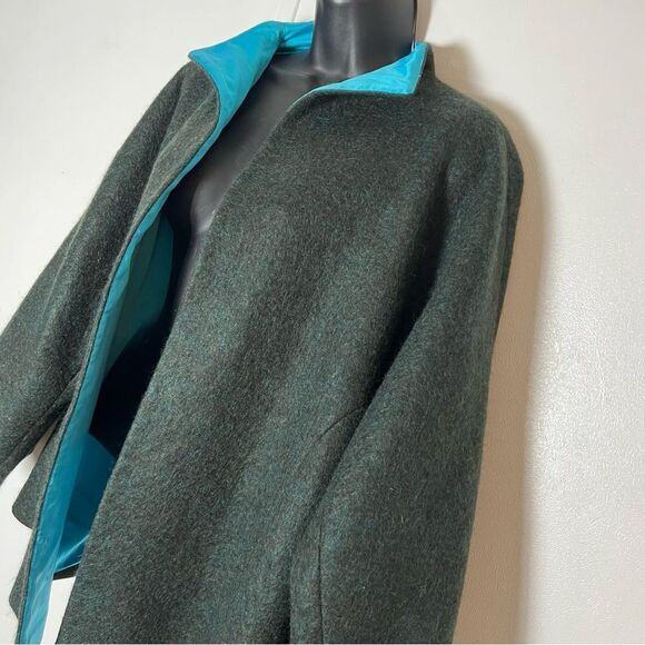 Han Feng Gray Wool Mohair Bell Sleeve Minimalist Lagenlook Jacket Teal Silk XL - Picture 5 of 16